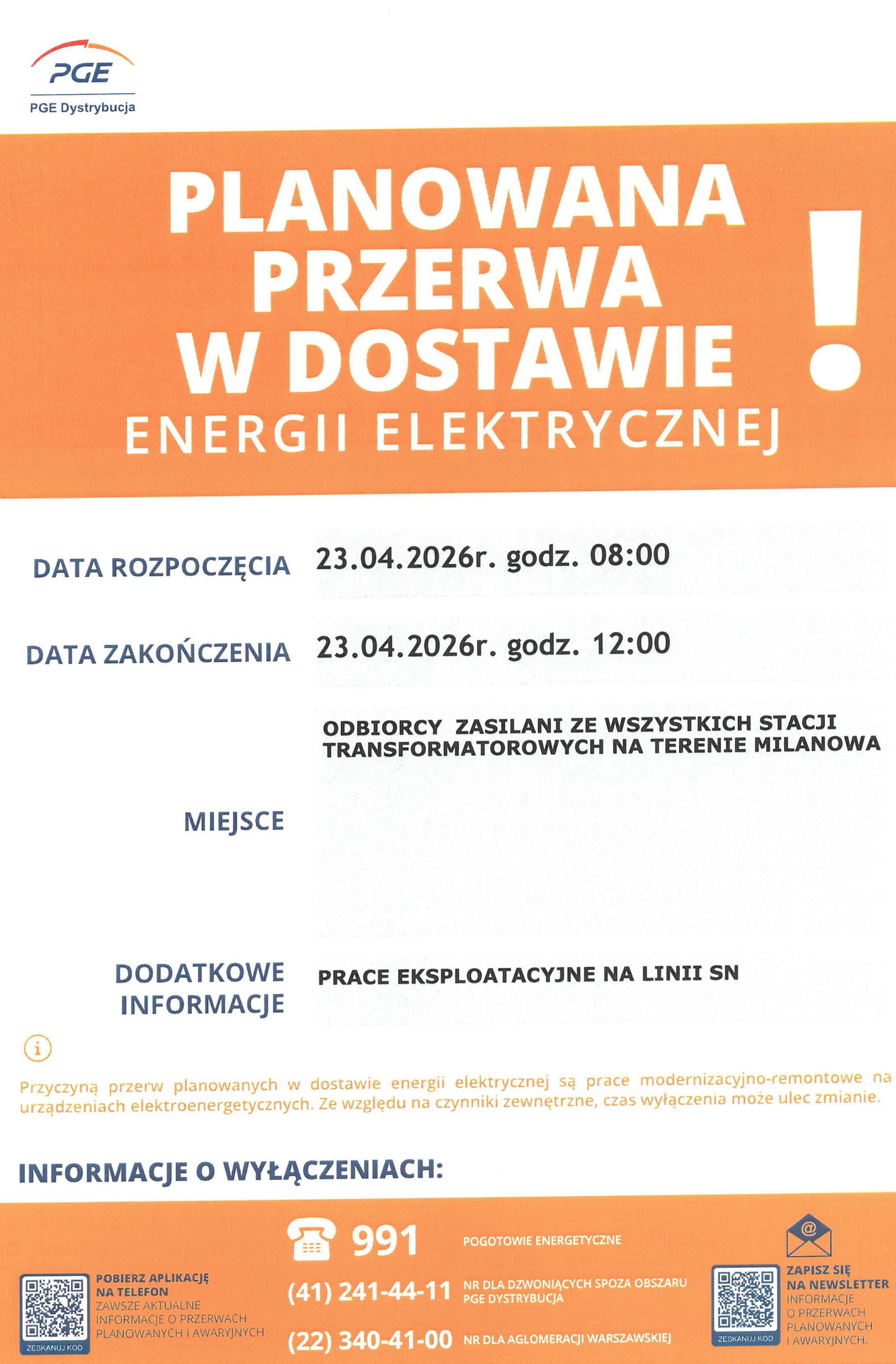   Planowana przerwa w dostawie energii elektrycznej  